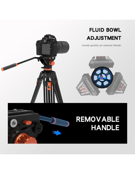 Trípode GEEKOTO de Aluminio 182.88 cm con Cabezal Fluido K3