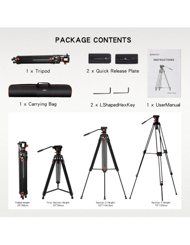Trípode GEEKOTO de Aluminio 182.88 cm con Cabezal Fluido K3