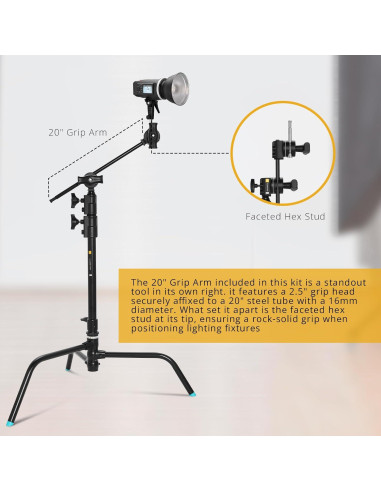 Kit C-Stand Flashpoint 1.8m con Base Tortuga y Brazo 50cm