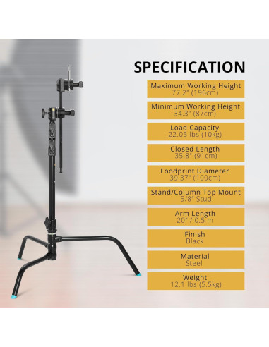 Kit C-Stand Flashpoint 1.8m con Base Tortuga y Brazo 50cm