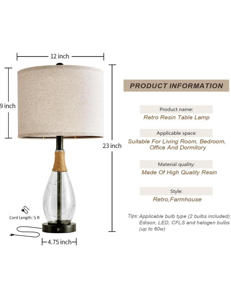 Lámparas de Mesa OYEARS Juego de 2 Negro 30.5x58.4cm USB