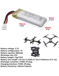 Baterías de Litio 5PCS 3.7V 600mAh Fytoo para Drones SYMA 2