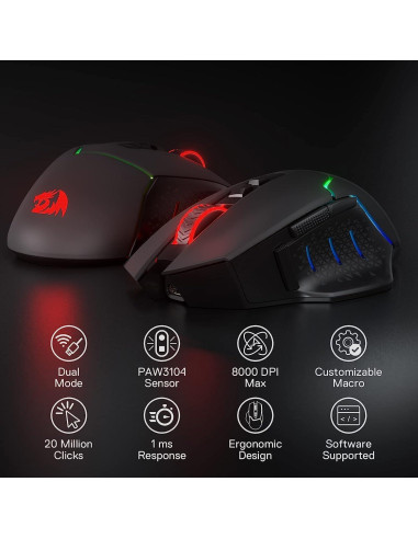 Redragon M690 PRO Ratón Gaming Inalámbrico 8000 DPI Rosa