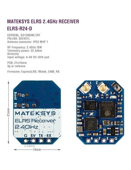 Receptor MATEK ELRS-R24-D 2.4GHz para Drones FPV Micro