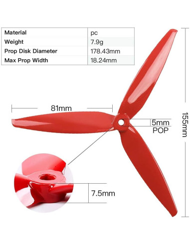 Hélices Gemfan 7" 3 Palas para Drones FPV 8pcs Amarillo y Rojo