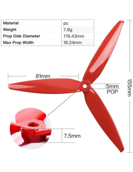 Hélices Gemfan 7" 3 Palas para Drones FPV 8pcs Amarillo y Rojo