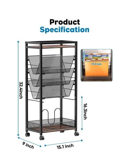 Carro Rodante de Archivos LIDTOP 8 Niveles Negro MDF y Metal