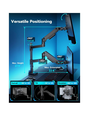Brazo Doble para Monitor ARES WING 17-49" con USB Negro