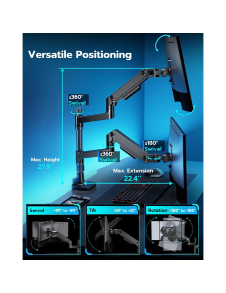 Brazo Doble para Monitor ARES WING 17-49" con USB Negro