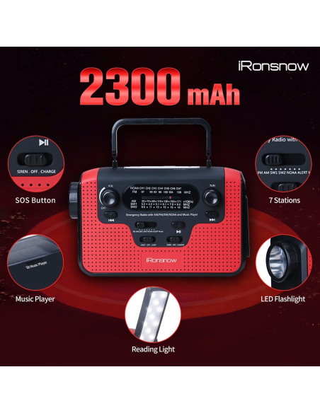 Radio de Emergencia Solar iRonsnow IS388 con Alerta NOAA 2300mAh