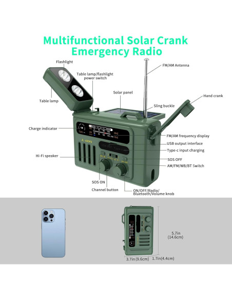 Radio de Emergencia Burtowic con Manivela y Linterna LED Verde
