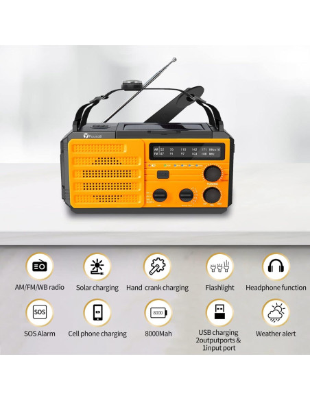 Radio de Emergencia Puiuisoul 8000mAh Solar Portátil con Linterna LED