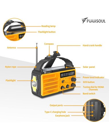 Radio de Emergencia Puiuisoul 8000mAh Solar Portátil con Linterna LED