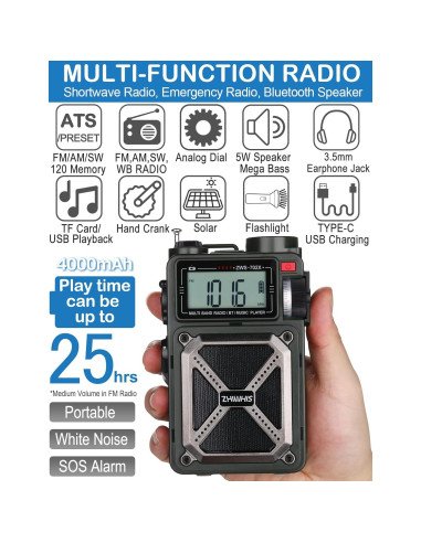 Radio de Onda Corta ZHIWHIS ZWS-702X con Bluetooth y Solar