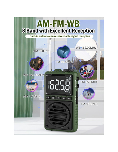 Radio Digital AM FM Meteorológica Jimeng 850mAh Verde