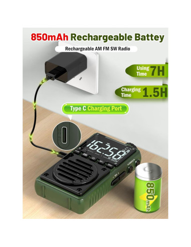Radio Digital AM FM Meteorológica Jimeng 850mAh Verde