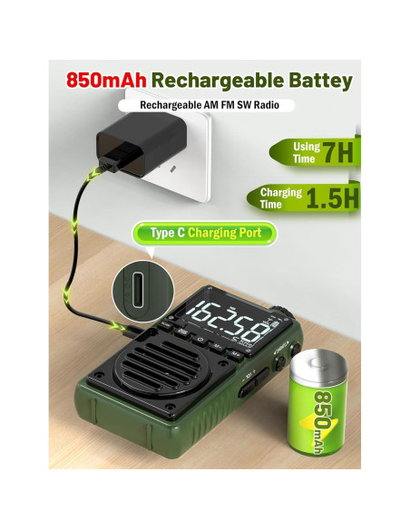 Radio Digital AM FM Meteorológica Jimeng 850mAh Verde