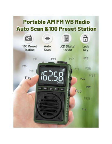 Radio Digital AM FM Meteorológica Jimeng 850mAh Verde