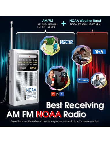 Radio Meteorológica NOAA Greadio Portátil AM/FM Batería 119g