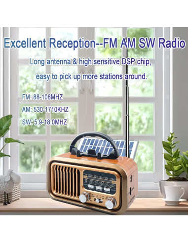 Radio Retro Portátil AM FM Paeiope YG-7070 Carga Solar USB