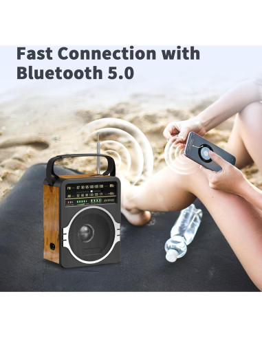 Radio Portátil AM FM Bluetooth 5.0 JEUJUG Recargable 10h