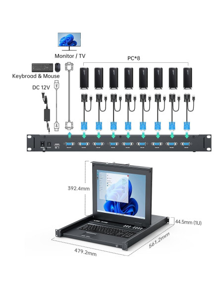 Consola KVM Rack 1U MT-VIKI 8 Puertos VGA 17" LCD