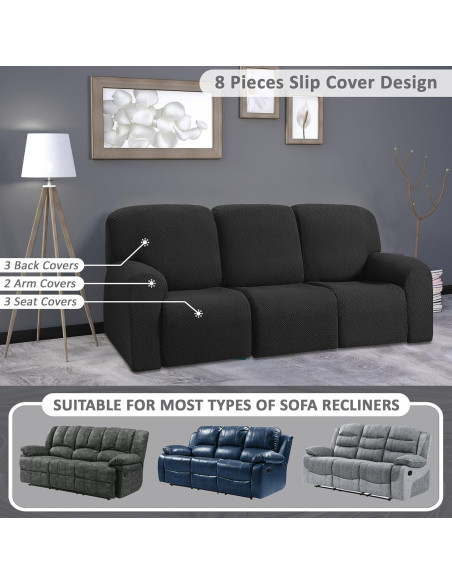 Cubre Sofá Recliner ULTICOR Jacquard 8 Piezas 3 Asientos Negro