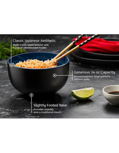 Tazones de Ramen KooK Cerámica 34 oz Set de 4 Negro/Navy