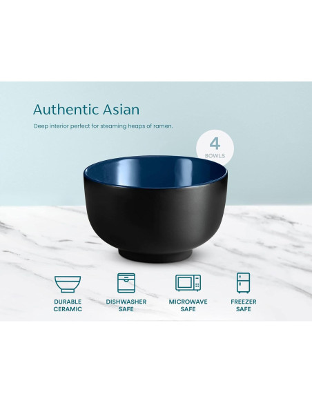 Tazones de Ramen KooK Cerámica 34 oz Set de 4 Negro/Navy