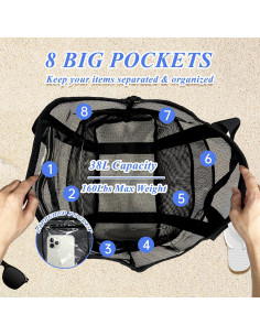 Bolsa de Playa Grande de Malla Negra - Ligera y Plegable con 9 Bolsillos 2