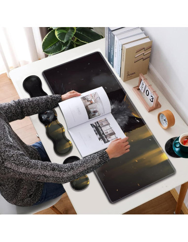 Alfombrilla de escritorio XXL FOKBVNFLL Lobo Negro 80x30 cm 4 en 1