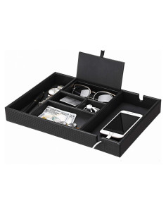 Bandeja de Valet BEWISHOME Organizador de Mesita de Noche 6 Compartimentos Cuero Sintético Negro