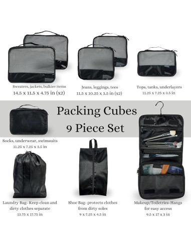 Set de 9 Cubos de Empaque Foxy Traveler - Organizador de Maletas Negro