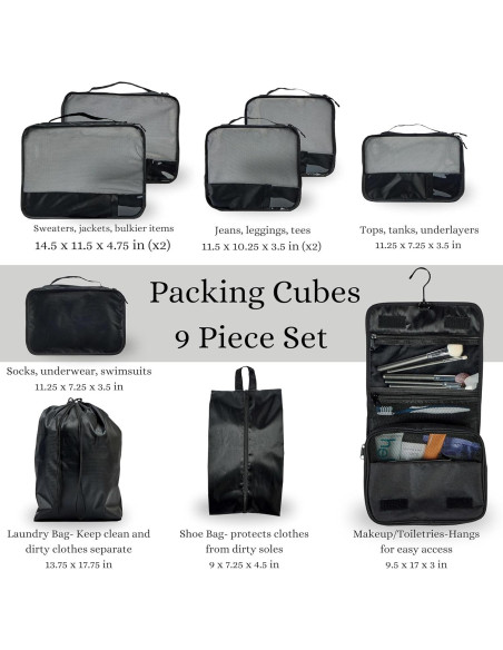 Set de 9 Cubos de Empaque Foxy Traveler - Organizador de Maletas Negro