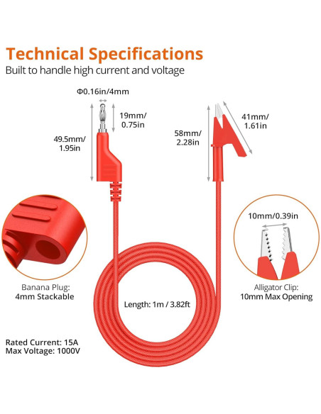 Cable de Prueba Proster 1m 15A Plátano a Cocodrilo
