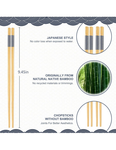 10 Pares Palillos de Bambú Reutilizables LOROTOCO 24 cm Antideslizantes
