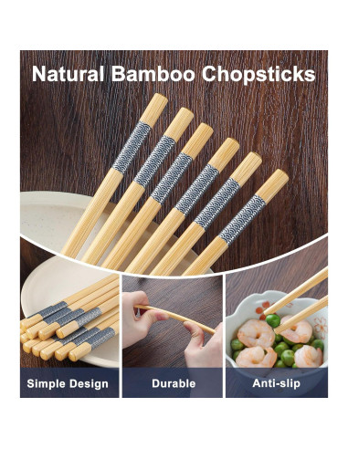 10 Pares Palillos de Bambú Reutilizables LOROTOCO 24 cm Antideslizantes