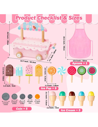 Carrito de Helados de Madera GQIRIL - Juguete Educativo Rosa