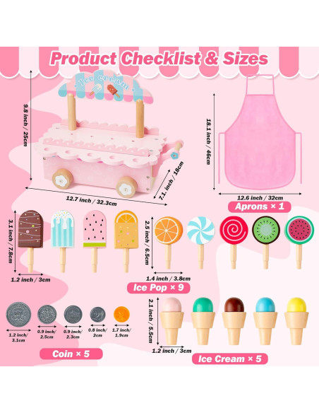 Carrito de Helados de Madera GQIRIL - Juguete Educativo Rosa Carrito de Helados de Madera GQIRIL - Juguete Educativo Rosa
