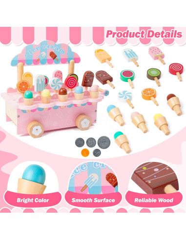 Carrito de Helados de Madera GQIRIL - Juguete Educativo Rosa