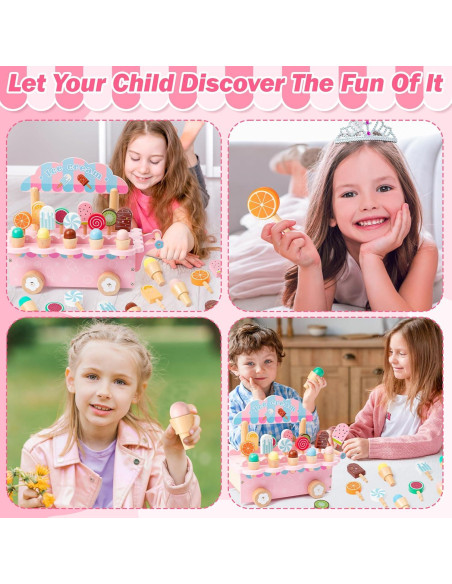 Carrito de Helados de Madera GQIRIL - Juguete Educativo Rosa Carrito de Helados de Madera GQIRIL - Juguete Educativo Rosa