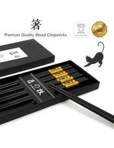 Juego de Palillos de Bambú JapanBargain 4510, 5 Pares, Gato Negro 2