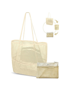 Bolsa de Playa Plegable de Malla Beige para Mujeres 2-en-1