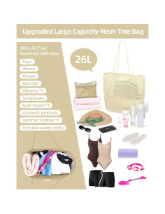 Bolsa de Playa Plegable de Malla Beige para Mujeres 2-en-1 2