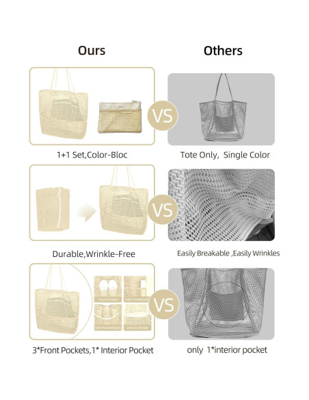 Bolsa de Playa Plegable de Malla Beige para Mujeres 2-en-1 Bolsa de Playa Plegable de Malla Beige para Mujeres 2-en-1