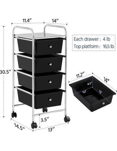 Carro de Almacenamiento Rodante Yaheetech 4 Cajones Negro