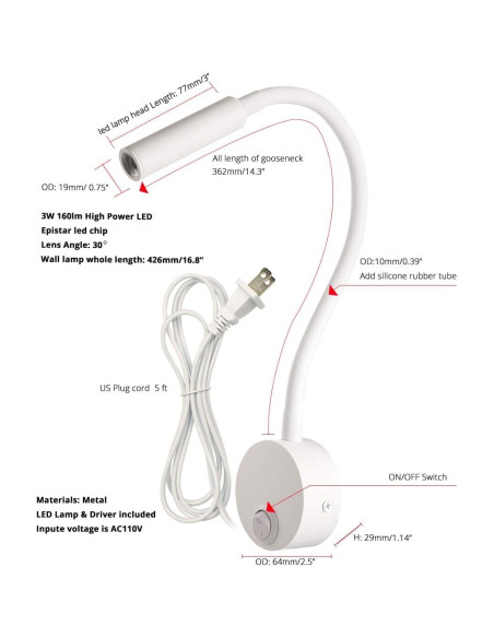 Lámpara de Lectura LED Montada en Pared Bright-LEDs Blanca 6000K Lámpara de Lectura LED Montada en Pared Bright-LEDs Blanca 6000K