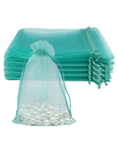 100 Bolsas de Organza Teal 10x15 cm con Cierre de Cuerda