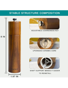 Molino de Sal y Pimienta YVAKE 20 cm Madera Acacia Ajustable 2