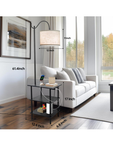 Lámpara de Pie EOEYYOYB con Estantes y Carga USB, Negra